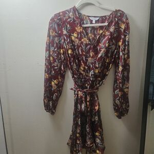 LC Lauren Conrad Burgundy Floral Wrap Dress with Yellow Accents